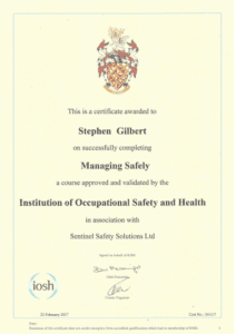 Stephen Gilbert Managing Safely Certifcate