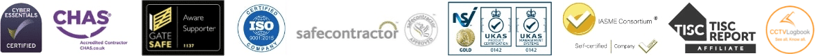Affiliate logos: Cyber Essentials, CHAS, ISO Certified, Safecontractor, NSI Gold, IASME, CCTV Logbook Compliance