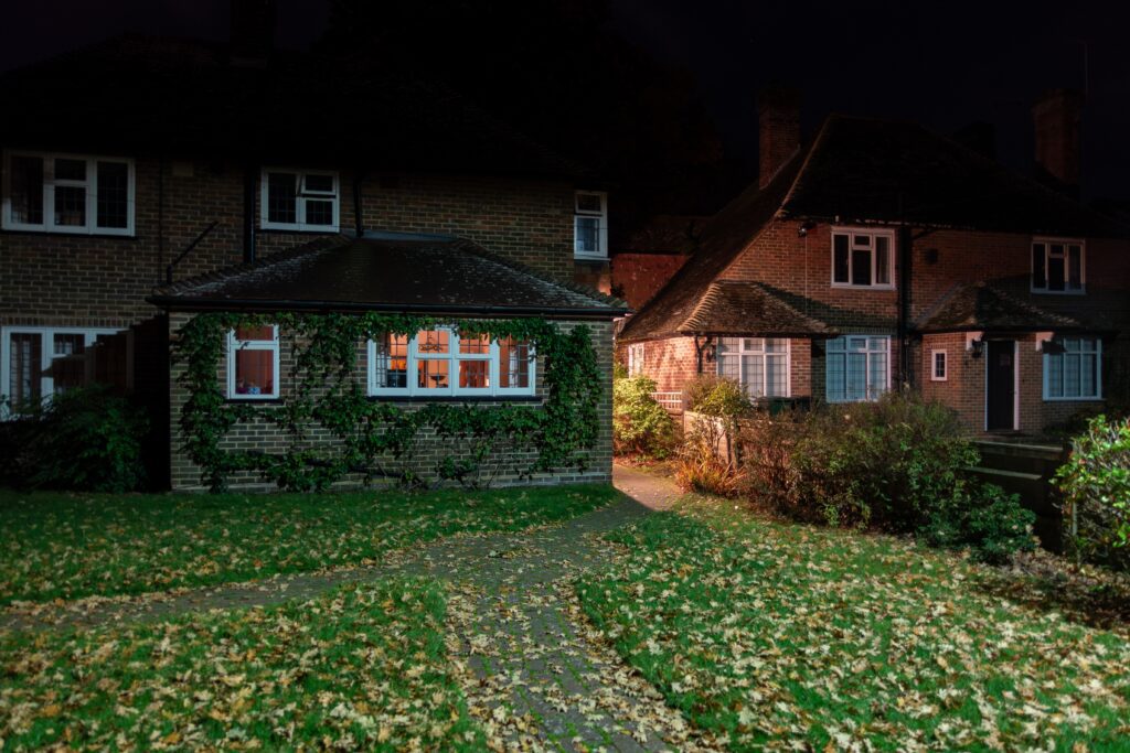 winter security houses at night
